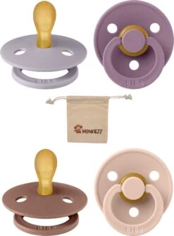 Blisters Bibs Fopspenen Symmetrical 0-6 Maanden| Set 4 Stuks| Mauve, Fossil Grey, Woodchuck, Blush| + Monkiezz Speenzakje| Symmetrisch| Maat 1