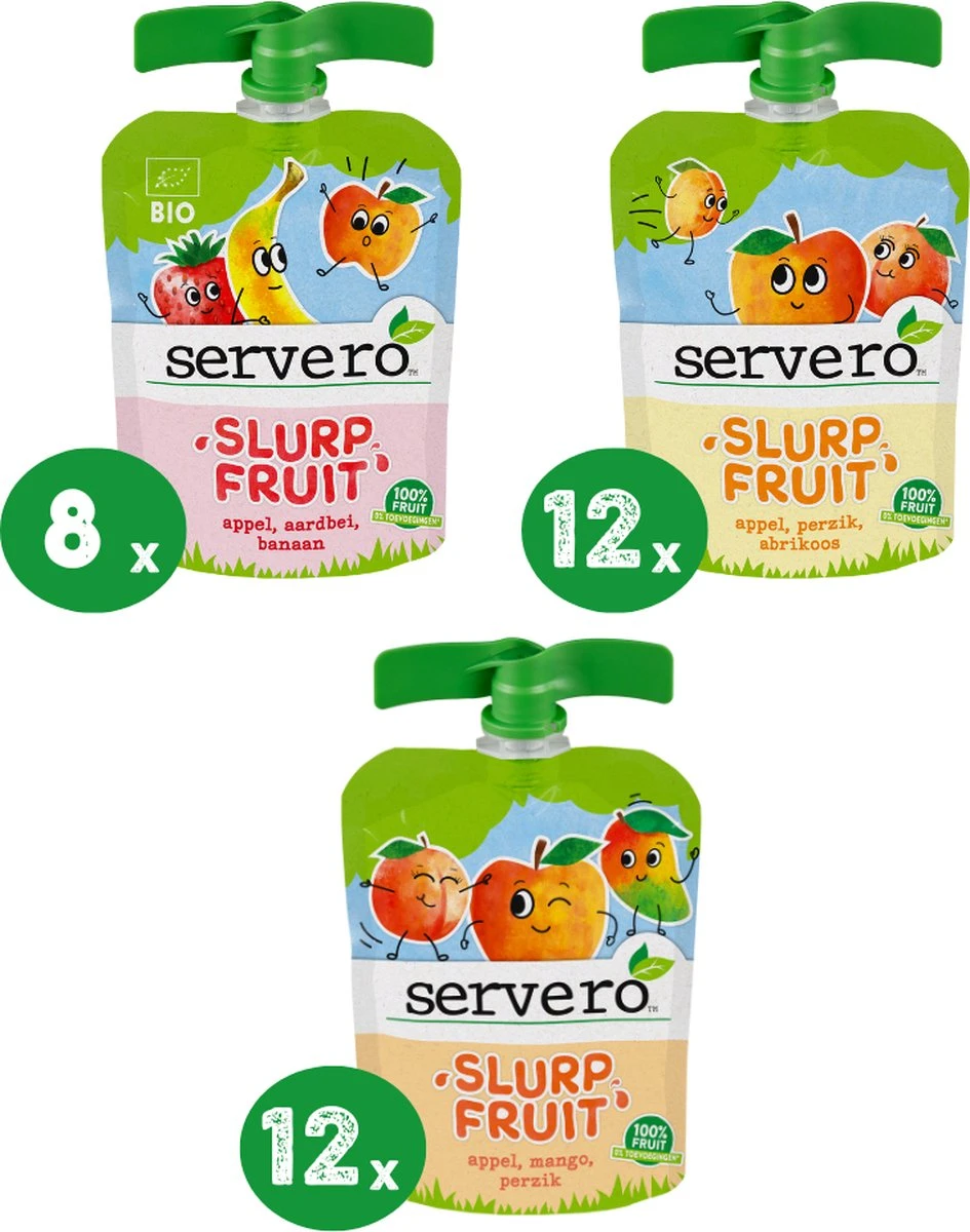 Servero Slurpfruit Maandbox – Knijpfruit – Appel Aardbei Banaan, Appel Perzik Abrikoos En Appel Mango Perzik – 32 X 90 Gram 1 Servero Slurpfruit Maandbox – Knijpfruit – Appel Aardbei Banaan, Appel Perzik Abrikoos En Appel Mango Perzik – 32 X 90 Gram